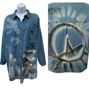 G By Guess L‎ Oversized Denim Jean Shirt Painted Anarchy Street Wear Graffiti